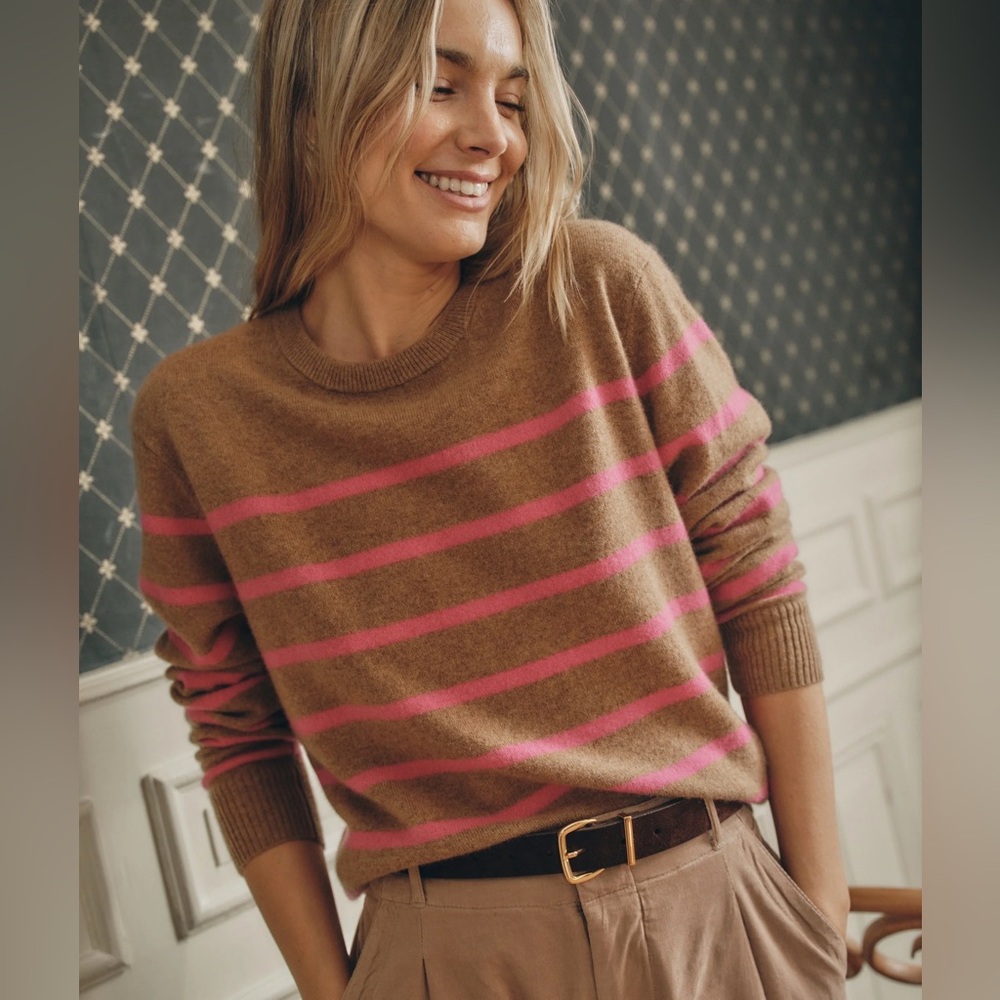 Marine Layer NEW NWT Women’s M Harper Camel / Pink Striped Cashmere Sweater